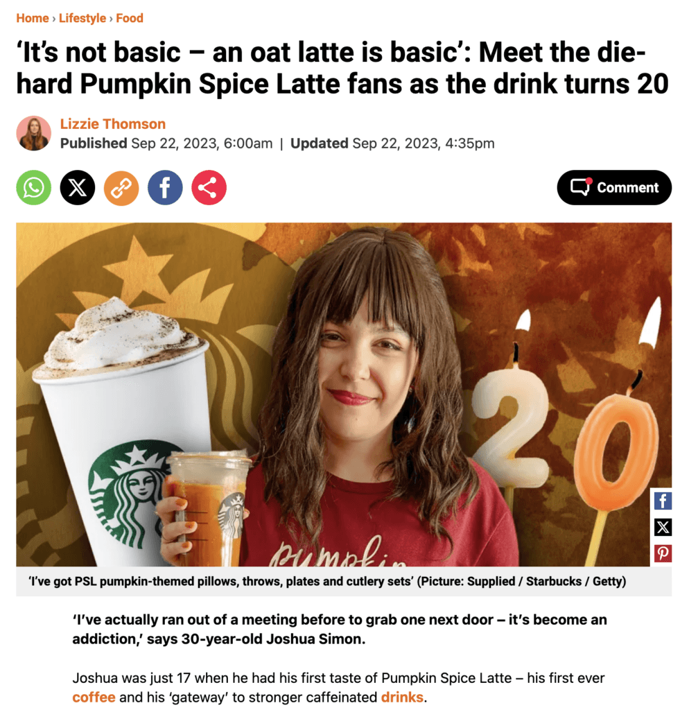 Screenshot of an article from Metro featuring the UK's biggest pumpkin spice latte lovers