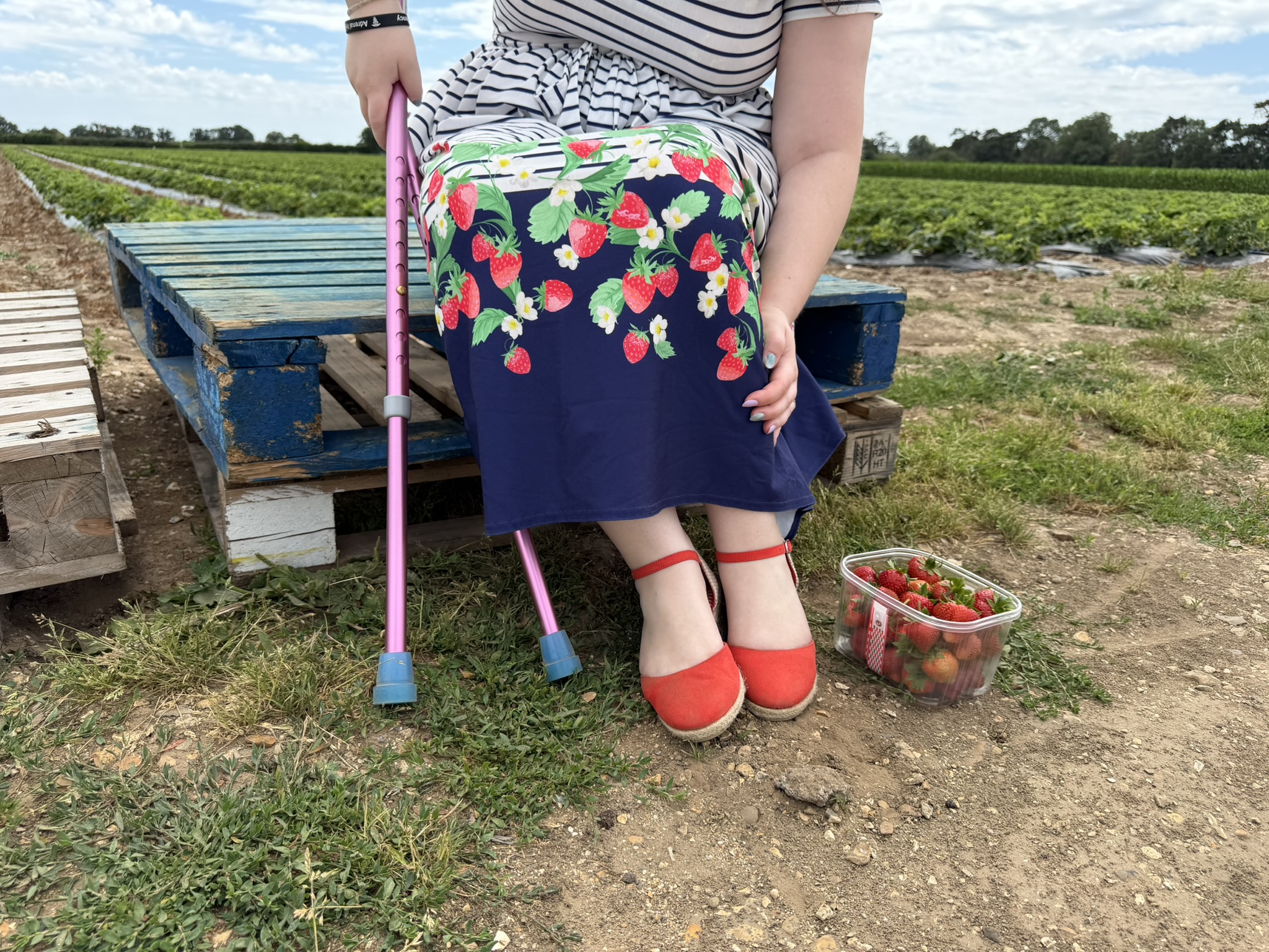 A white womans lower half, sitting on a pile of wooden crates. She is wearing a white striped dress with a blue band around the bottom which has strawberries printed on it and red wedges. Next to her are some pink crutches.